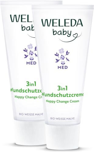 WELEDA Bio Baby Med 3in1 Wundschutzcreme Weiße Malve - Naturkosmetik Windelcreme mit Kokosöl & Sesamöl für hochsensible bis neurodermitische Haut beugt Wundsein im Windelbereich vor (vegan, 50ml)