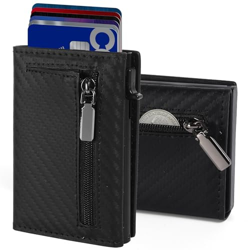 Aibirui Portefeuille ultra fin pour homme, en fibre de carbone et aluminium, design triple pop-up avec protection RFID, 7 emplacements pour cartes, compartiment à monnaie et compartiment pour carte