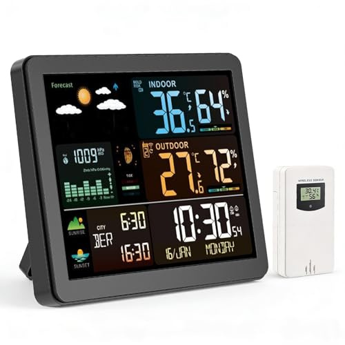 Wireless Weather Station with Outdoor Indoor Sensor, Outdoor Indoor Thermometer Hygrometer, Temperature, Humidity, Barometric Pressure, Weather Forecast for Home, Garden, Office, Digital LCD Display
