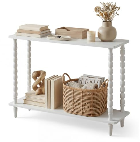HOOBRO Console 100 cm de Long, Table d’Appoint 2 Niveaux, Table d’Entrée, Pieds en Bois Massif en Forme de Calebasse, Structure à Visser, pour Entrée, Couloir, Vestibule, Blanc EWT105XG01