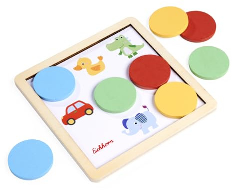 Eichhorn Farb-Legespiel - Lernspiel mit 8 bunten Scheiben, 5 Vorlagekarten und Holzrahmen zur Förderung von Farbverständnis, Feinmotorik und Konzentration, kompakt und kindgerecht, ab 3 Jahren