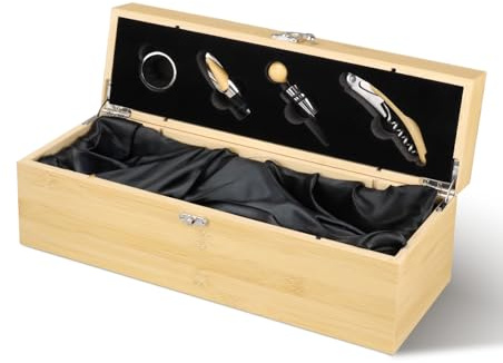 Wooden Wine Box, Single Bottle Presentation Box with 4 Wine Accessories | Satin Lined Case with Corkscrew, Stopper, Pourer and Foil Cutter, Wooden Champagne Gift Box for Birthdays, Weddings