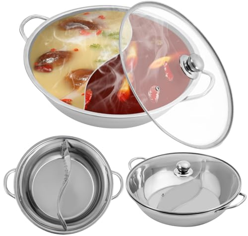 BRRIDE Edelstahl Hot Pot mit Teiler, Hotpot Geteilte Pfanne mit Trennwand und Glasdeckel, Topf Dual Hotpot Kocher Shabu Shabu Topf, Doppelte Brühe Hotpot für Induktion Herd Gasherd (34cm)