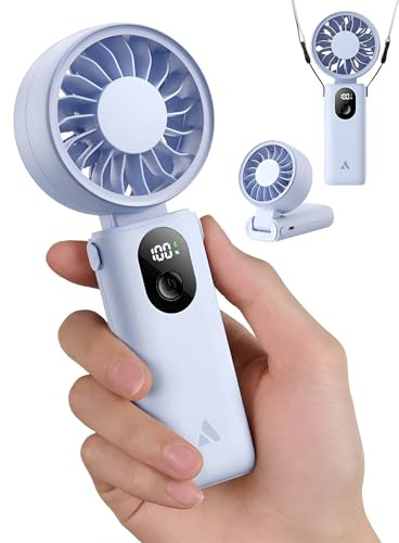 Aecooly Mini Ventilador de Mano Portátil Recargable USB 20H 5 Velocidades | 3 en 1, Plegable, Potente, con pantalla LED, ideal para oficina, viajes y exterior - Azul