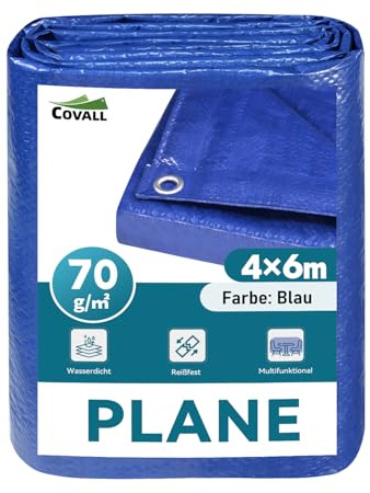 COVALL Lona Impermeable Exterior 4x6 m– 70 g/m², Azul, Resistente al Desgarro, con Ojales de Acero – Cubre Piscina Rectangular, Camping, Toldo, Cubretodo Múltiples Usos