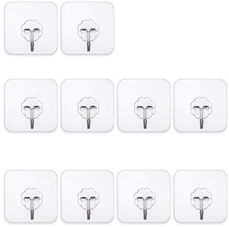 10pcs Clear Hanging Wall Hooks 15kg (max) Heavy Duty Reusable Adhesive Hooks Nail Free No Scratch Super Waterproof Seamless Sticky Hooks for Bathroom Kitchen Wall Door and Ceiling