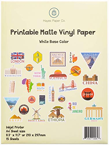 HAYES PAPER, Vinyl-Aufkleber, Folienaufkleber für Tintenstrahldrucker, 15 erstklassige MATT weiße wasserfeste Vinyl Sticker, A4-Größe