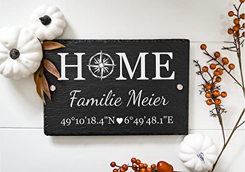 Hausschild aus Schiefer für Familie personalisiert im Landhaus-Stil, 30 x 20 cm, mit Koordinaten, Hausschild Home mit Namen, Befestigungsmaterial