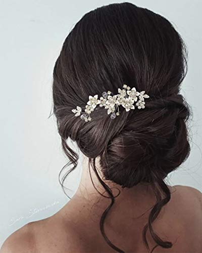 Unicra Braut-Hochzeits-Haarkamm, silberfarbene Blume, Haarschmuck, Perlen, Braut-Kopfschmuck für Damen und Mädchen