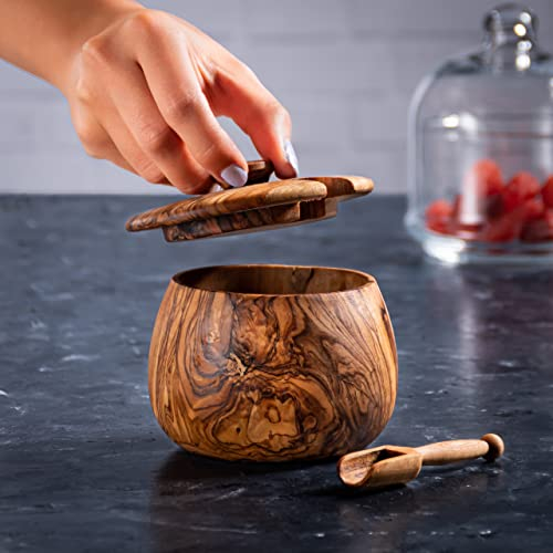 Darido Boîte à Épices en Bois d'Olivier - Sucrier avec Cuillère Doseur - Boîte d'Assaisonnement pour sel, Poivre et Herbes - Bol à Café et Sucre - Style Vintage