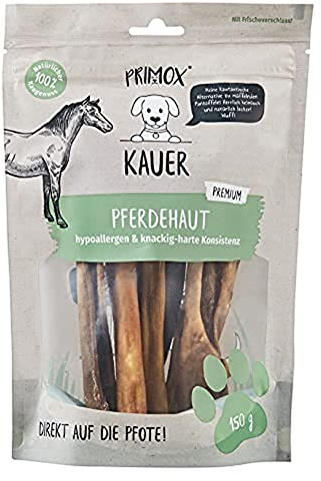 PRIMOX KAUER Pferdhaut - hypoallergen & knackig-Harte Konsistenz - Kausnack für Hunde/Hundeleckerlie/Kauknochen/Zahnpflege, 1er Pack (1 x 0.15 kilograms)