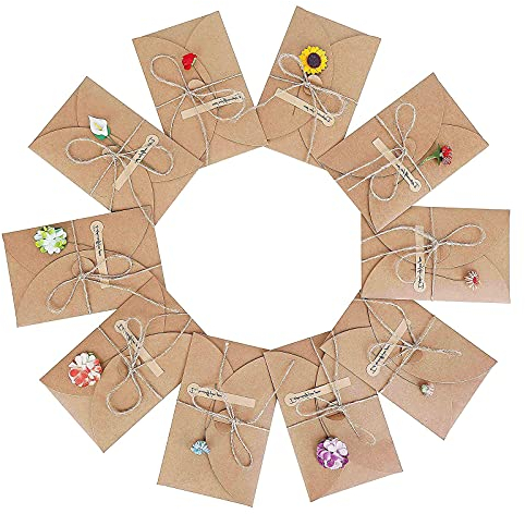 NA 10 Stück Grußkarten, Dankeskarten Einladungskarte Gefälschte Getrocknete Blumen Grußkarten Blanko Handgemachte Retro Kraftpapier Karte und Umschlag für Erntedankfest Muttertag Geschenk