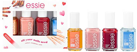 Essie 4 piece All Your Nails Need routine set: Fishnet Stockings, Eternal Optimist, All in One top coat & Apricot cuticle Oil, Get your nails ready for the Christmas holiday and party season