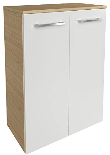 FACKELMANN Doppel-Midischrank B.Style/Badschrank mit gedämpften Scharnieren/Maße (B x H x T): ca. 60,2 x 82,6 x 32 cm/hochwertiger Schrank fürs Bad / 2 Türen/Korpus: Braun hell/Front: Weiß