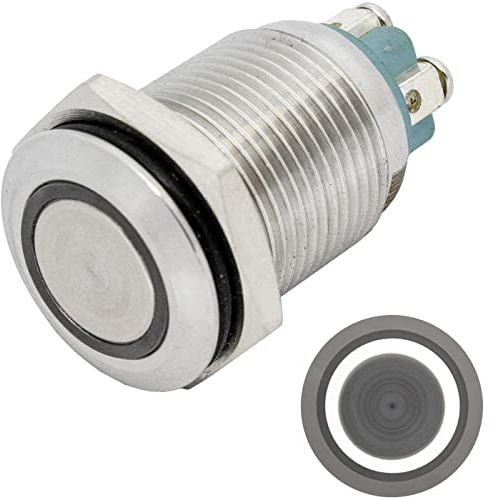 Lumonic Edelstahl Drucktaster flach 16mm Durchmesser I Mit einer Ring LED in Kalt-Weiß Maße: Schraubanschluss 250V 3A I Vandalismussicher nach dem IP6
