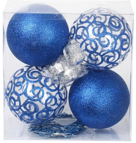 SLEETLY Big Blue Bauble Ornaments for Farmhouse Christmas Tree Holiday Xmas Decorations - Extra Large Shatterproof Plastic 120mm Baubles and Snowflakes, Set of 8