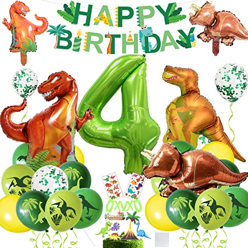XXL Dino Geburtstag Deko, Geburtstagsdeko 4 Jahr Jungen,Folienballon Zahlenballon 4,Luftballons Grün für Dinosaurier Party Dekoration Dschungel Party Kinder