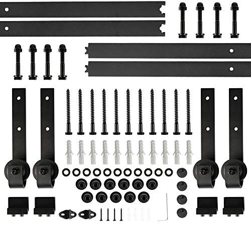 366 cm/12 FT Kit de Puerta Corrediza de Granero, Herrajes para Puerta Correderas, Kit completo con rieles, tornillos, 4 poleas -puertas doble (Negro Clásico)