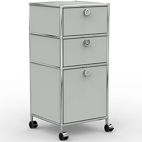 System8X Rollcontainer 40cm mit 2 Schubladen und 1 Hängeregistratur aus Metall Chrom in Lichtgrau auf Rollen für harten Boden - Für Büro und Home-Office