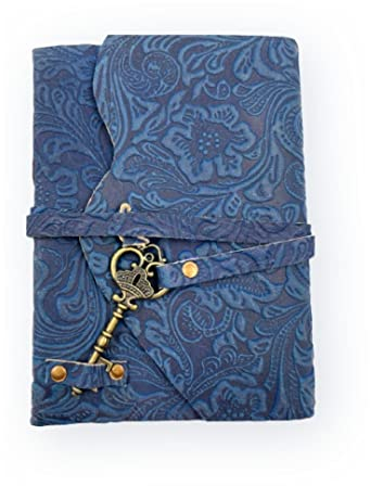 OVERDOSE Handgefertigtes antikes Notizbuch mit blauer Blume und Schatzschlüsselverschluss – zum Zeichnen, Skizzenbuch, Scrapbook, Schreiben, Notizbuch, tägliches Tagebuch-Notizbuch – 12 x 17 cm