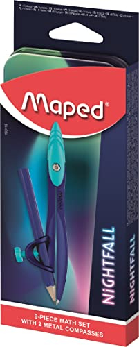 Maped - Mathset Zirkel Nightfall – Zirkel Ring + Zirkel Mine – Mini-Set + Anspitzer + Radiergummi + mehrfarbiger Bleistift