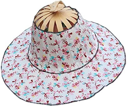 XKUN Bamboo Foldable Hand Fan Sun Hat Women Sunhat Hat With 2 In 1 Foldable Chinese Style Bamboo Frame Floral Printed-E