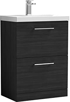nuie ARN633D Arno Modern Bathroom Floor Standing 2 Drawer Vanity Unit with Thin-Edge Ceramic Basin, 600mm, Woodgrain Charcoal Black