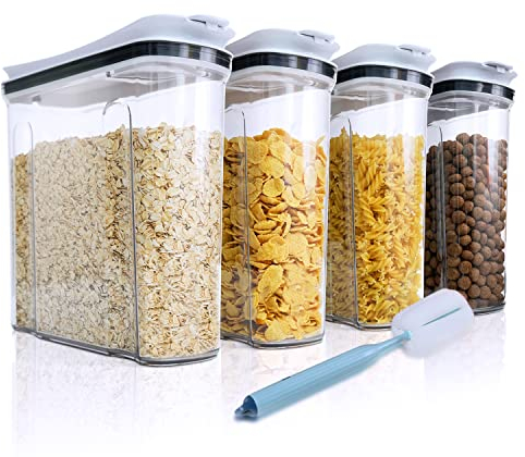 FreshKeeper Juego de recipientes de almacenamiento de cereales, contenedor hermético de almacenamiento de alimentos con tapa, 4 litros, 4 recipientes de plástico sin BPA para organización de despensa