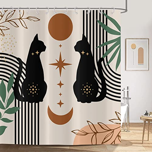 ASDCXZ Tenda da doccia boho 180 x 200 cm moderna astratta stile bohémien con gatto giorno del mese lavabile tenda da doccia impermeabile in poliestere per vasca da bagno con 12 ganci
