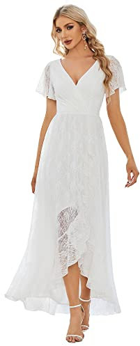 Ever-Pretty Robe Demoiselle d'honneur Femme Longue Asymétrique Dentelle Manches Courtes Col V Fluide Chic Blanc 38