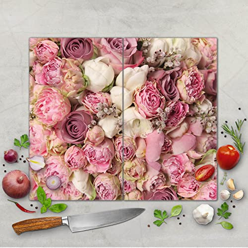 banjado Schneidebrett Glas mit Motiv Strauss Rosen - großes zweiteiliges Glasschneidebrett rechteckig 2 x 30 cm x 52 cm - auch verwendbar als Schneidebrett Herdabdeckung