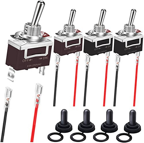 MKBKLLJY 4St. 12V DC 20A 125V AC 20A Marine Hochleistungs-2poliger EIN/Aus SPST wasserdichter Kippschalter Flachstecker mit wasserdichter Kabelschutzkappe (Schwarz/Braun) für Auto/Boot