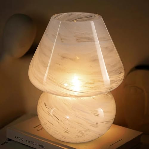 MJ PREMIER Mushroom Lamp Cordless, Battery Operated Table Lamps, Glass Nebula Table Lamps, LED Night Lights for Bedroom/Party/Corner (White)