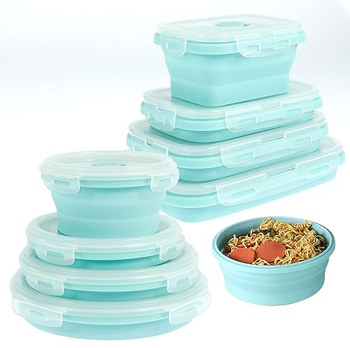 BOBASH 8 Pack Set Collapsible Food Container with Lids Reusable Silicone Square Round Lunch Box Folding Stackable Lunch Box Microwave Dishwasher Safe for Kitchen School Office (Style 1)