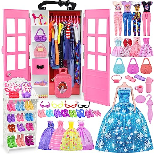 GOLMUD 122+ Puppen KleiderSchrank Set, inkl 1pcs11.5 Zoll Puppe, Zubehör Enthaltene Mode Kleider Schuhe Taschen Kleiderbügel Warten, Puppe Dress Up Spielzeug, Geschenk für ab 3 4 5 6+ Mädchen Jahre