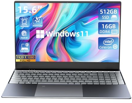 Morostron PC portatile 15,6 pollici W11 Notebook, 16 GB RAM 512 GB SSD, Celeron N5095 2,9 GHz, FHD IPS, tastiera retroilluminata, riconoscimento impronte digitali,interamente in metallo,Grigio