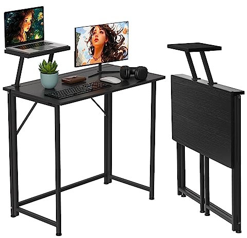 PIPOXER - Mesa de ordenador plegable con soporte de monitor para dormitorio, oficina, sofá, oficina en casa, color negro 80 x 45 x 74 cm