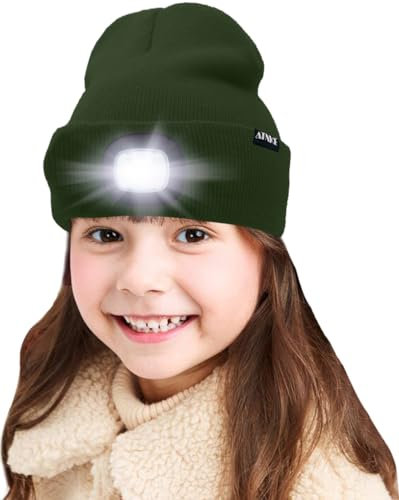 ATNKE Kids LED beleuchtete Mütze mit Licht, USB Wiederaufladbare 4 LED Scheinwerfer wasserdichte Winterwärmer Strick Nachthüte mit leichten Jungen Mädchen/Dark Army Green