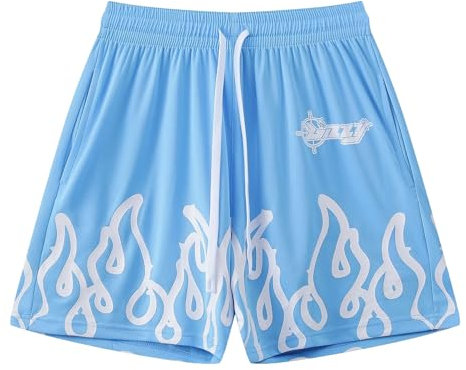 DIOTSR Basketball-Shorts für Herren, mit Kordelzug, Laufen, Workout, Sommer, coole Freizeit-Shorts, Hellblau und Weiß, Groß