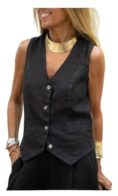 KWTF Einfarbige Baumwoll-Leinen-Weste für Damen mit draußen tragenden Westen, Pendeln zur Arbeit mit Anzugweste für Damen