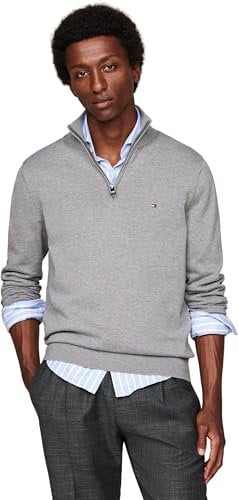 Tommy Hilfiger Herren Pullover mit Reißverschluss Mock Neck Halbzip, Grau (Medium Grey Heather), XXL