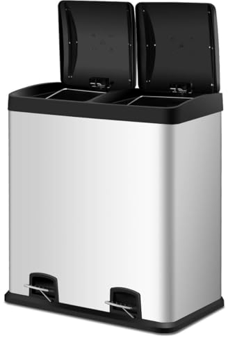 GiantexUK 60L Recycling Pedal Bin, 2x30L Stainless Steel Kitchen Trash Can with 2 Detachable Inner Buckets & Handles, Dual Step-on Garbage Dustbin for Dining Room Washroom