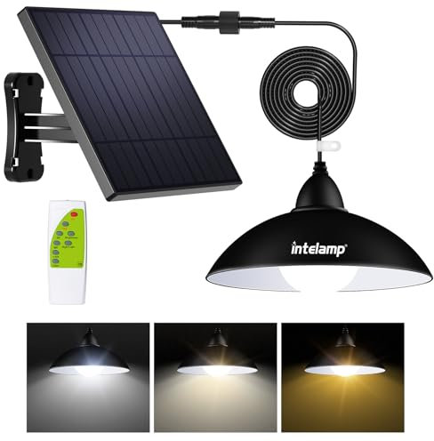 intelamp Solar Shed Light Remote Control, Solar Pendant Lights Outdoor Indoor, Cool White, Neutral, Warm White, 16.4FT Cord, Outdoor Gazebo Lights for Garden Courtyard Barn Balcony Corridor