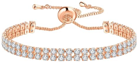 Flongo Damen Armband Glitzer Strassstein: rosegold Tennis Armkette geschichtet feine Edelstahl rhinestones verstellbar Tennisarmband Cubic Zirkonia Strass Armreif Geschenke für Frauen Mädchen 2.5mm