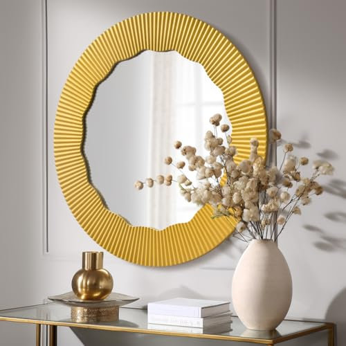 Gumcoly Spiegel groß, Wandspiegel rund, dekorative Wand Spiegel mit Holz Rahmen Bad Flur Gäste wc Wohnzimmer, 70 * 70cm Gold