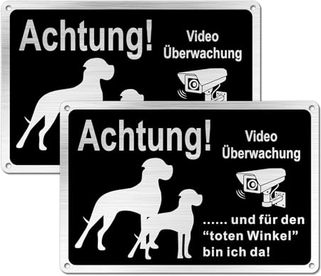 Goodvia Warnung vor dem Hund Schilder Lustig Metall Alu Gebürstetes 30x20cm (A4), Videoüberwachung Schild Schwarz 2Stück