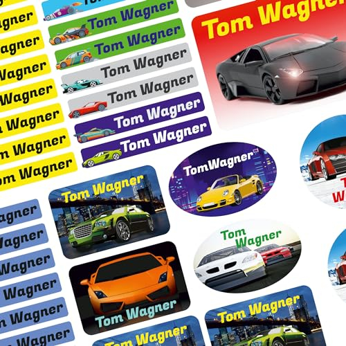 Namensaufkleber Set - Kinder - 75 Stück - Auto - mit Wunschtext - Name - personalisiert - Namensetiketten - für Jugendliche - Firma - Universität - Schule - Kinder - KITA