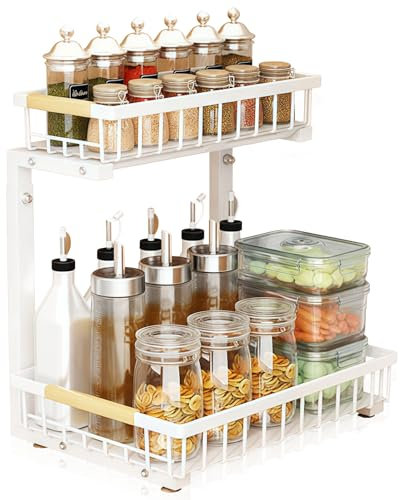 LeapBeast Organizador Cocina 2 Niveles, Ajustable Bajo Fregadero, Metal, Multiusos para Cocina, Baño, Dormitorio (1, Blanco)