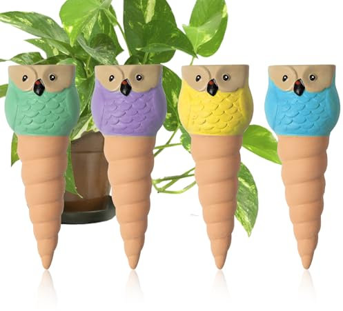 Dynaeuty Cône d’arrosage, 4pcs Pieux D'arrosage des Plantes, Arrosage Goutte à Goutte Automatique pour Plantes, Système d'Arrosage pour Plantes d'Intérieur et d'Extérieur (Hibou)