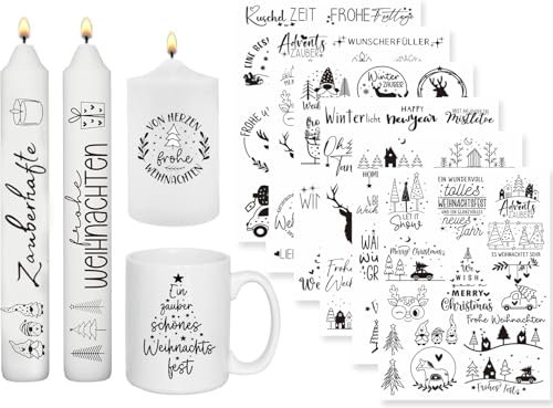 Sazhdmo 6 PCS Kerzentattoo (200+ Muster),DIY Wasserschiebefolie Kerzen,Kerzen Tattoo Folie,Aufkleber Xmas Kerzensprüche,Kerzen-Tattoos,Adventskerze,für Kerzen/Keramik (Schwarz)